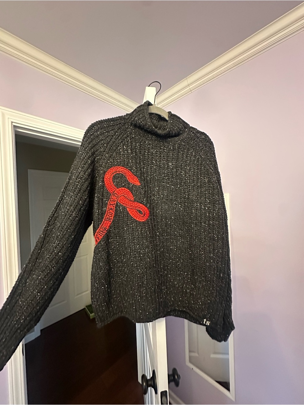 Taylor Swift Reputation Black Ribbed Turtleneck Sweater with Red Snake Patch